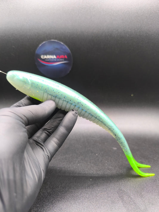 Carnasplit 200 Green Pearl Flash, leurre souple finesse 20 cm pour la pêche du brochet et du sandre avec effet nacré et nage discrète en eau claire.
