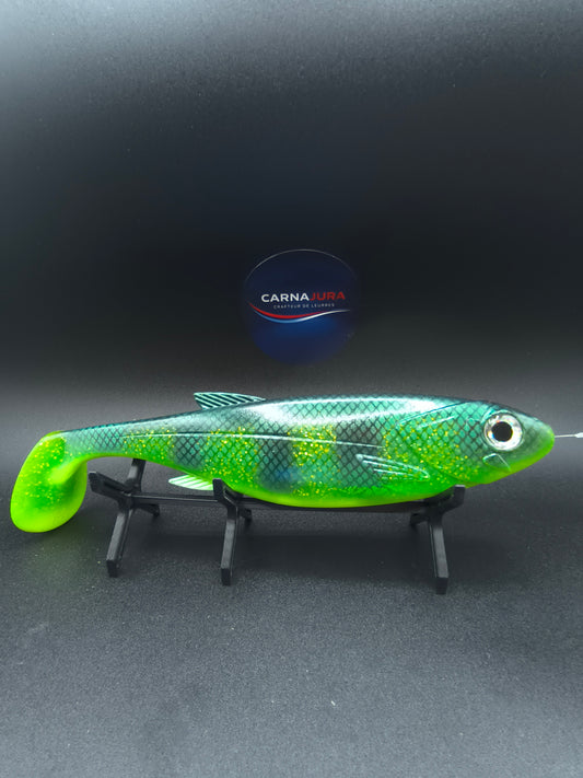 T-REX 250 Green Perch, leurre souple big bait 25 cm pour la pêche du gros brochet avec nage puissante et vibrations marquées.