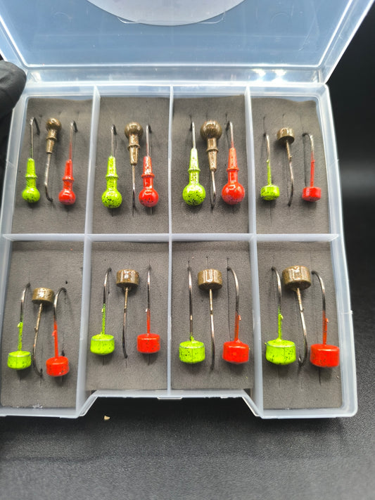 Coffret de 24 têtes plombées finesse et Ned Rig pour leurres souples, idéal pour la pêche de la perche et du sandre en technique légère.